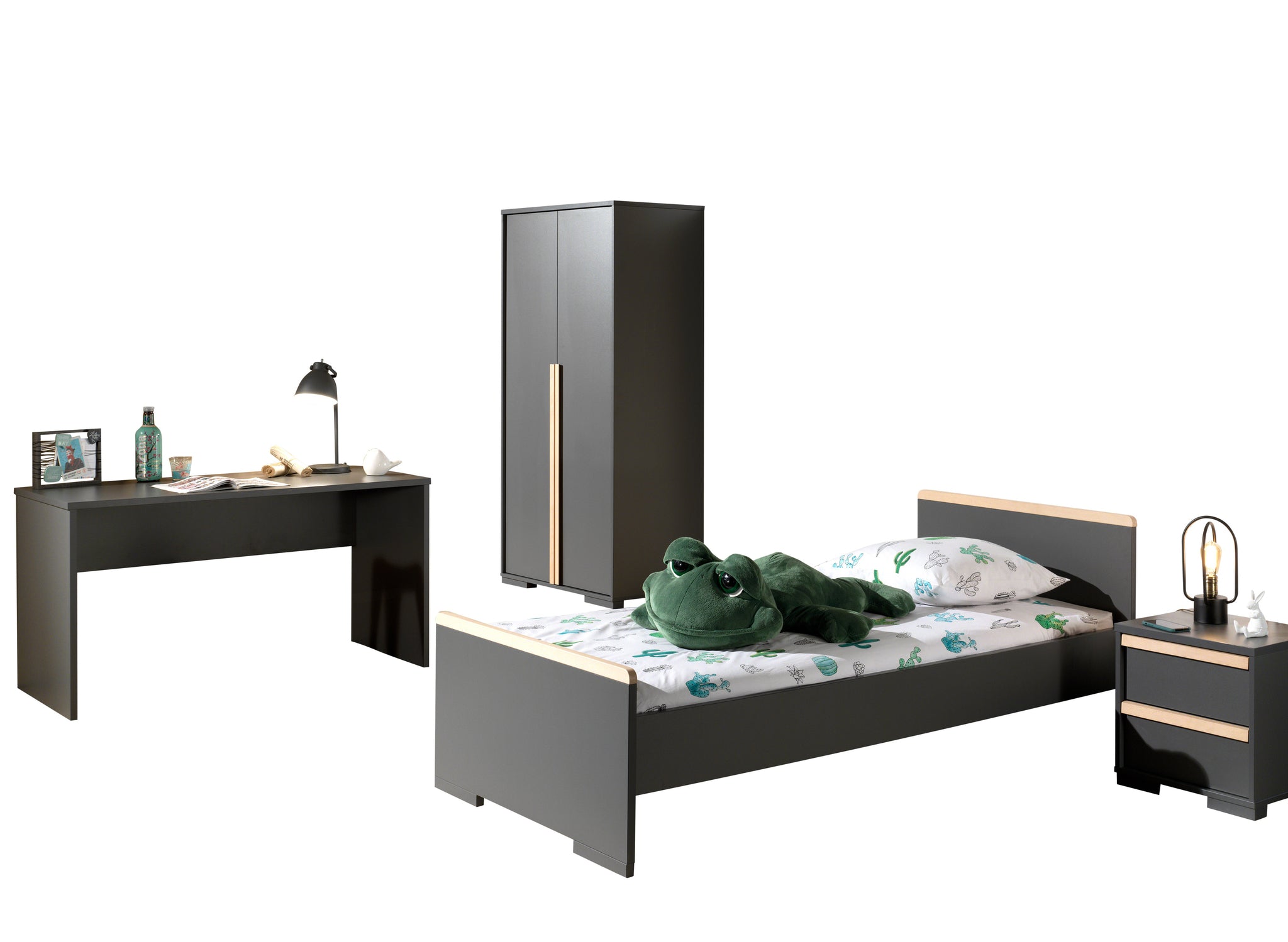 Deze LONDON combinatie in antraciet bestaat uit een bed (90x200) met nachtkastje, 2-deurs kleerkast en bureau.