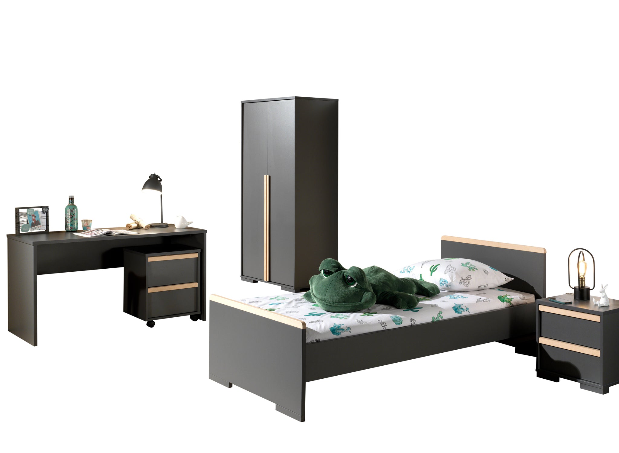 Deze LONDON combinatie in antraciet bestaat uit een bed (90x200) met nachtkastje, 2-deurs kleerkast en bureau met bijhorende rolcontainer.