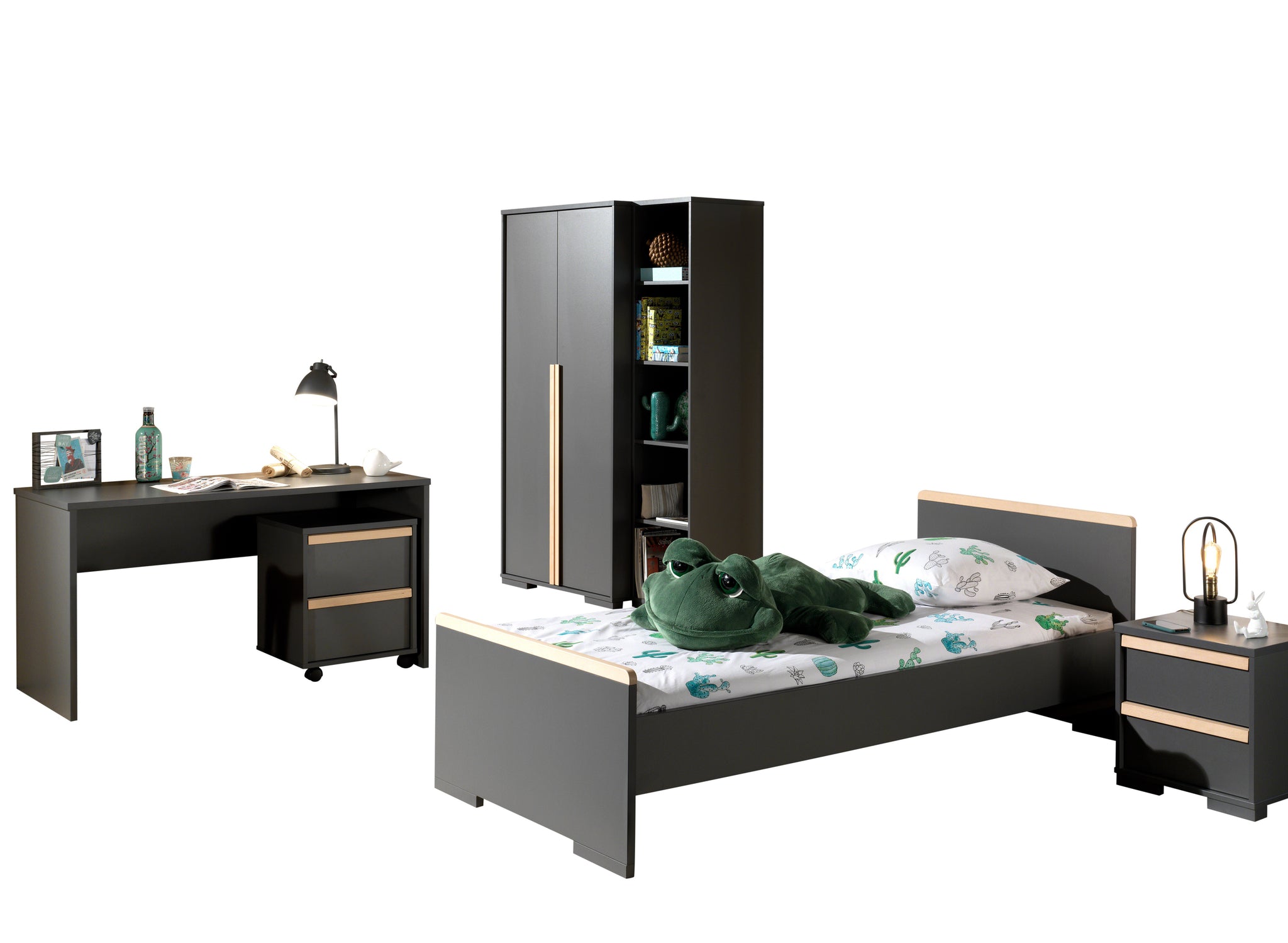 Deze LONDON combinatie in antraciet bestaat uit een bed (90x200) met nachtkastje, 2-deurs kleerkast, bureau met bijhorende rolcontainer en boekenkast.