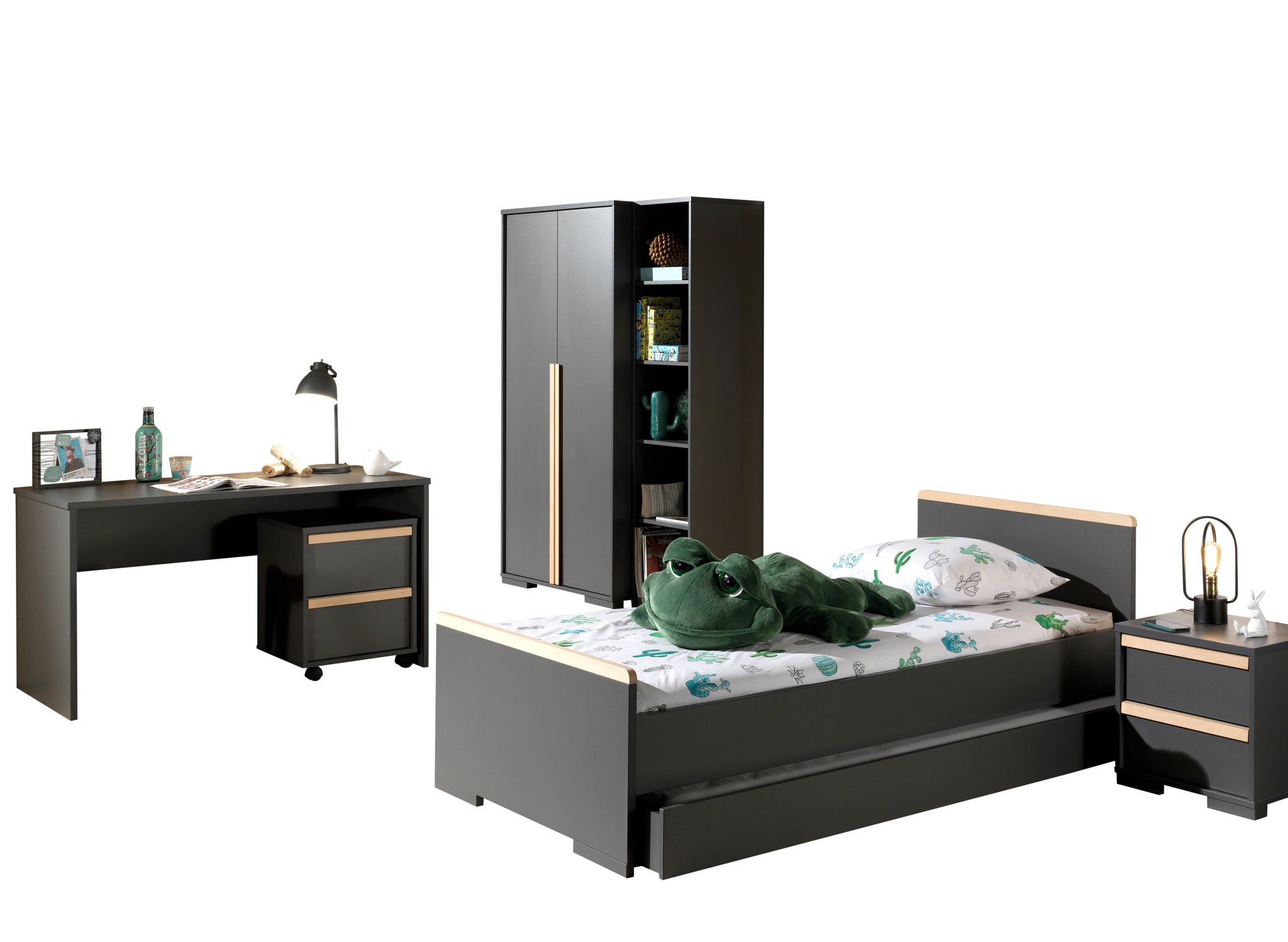 Deze LONDON combinatie in antraciet bestaat uit een bed (90x200) met rolbed, nachtkastje, 2-deurs kleerkast, bureau met bijhorende rolcontainer en boekenkast.