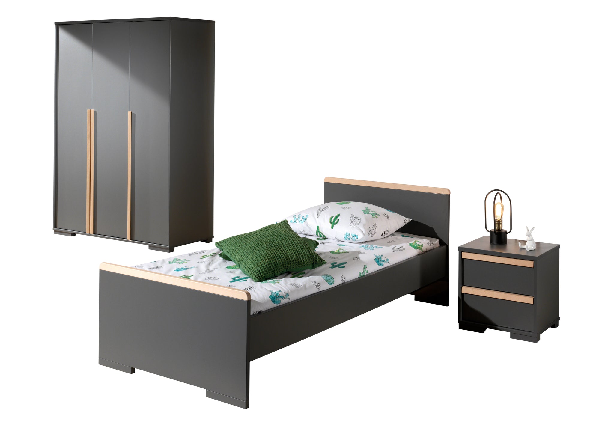 Deze LONDON combinatie in antraciet bestaat uit een bed (90x200) met nachtkastje en 3-deurs kleerkast.