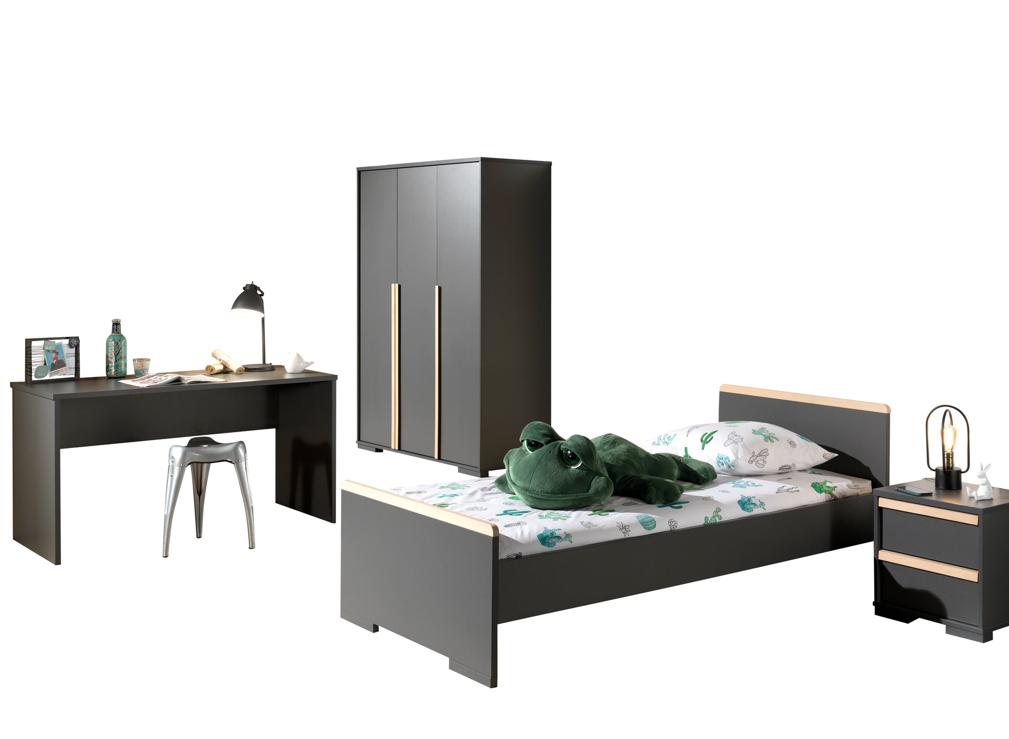 Deze LONDON-combinatie in antraciet bestaat uit een bed (90 x 200) met nachtkastje, een 3-deurs kledingkast en een bureau.