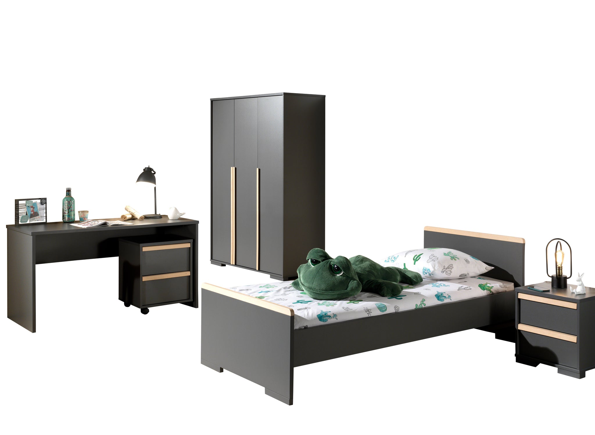 Deze LONDON combinatie in antraciet bestaat uit een bed (90x200) met nachtkastje, 3-deurs kleerkast en bureau met rolcontainer.