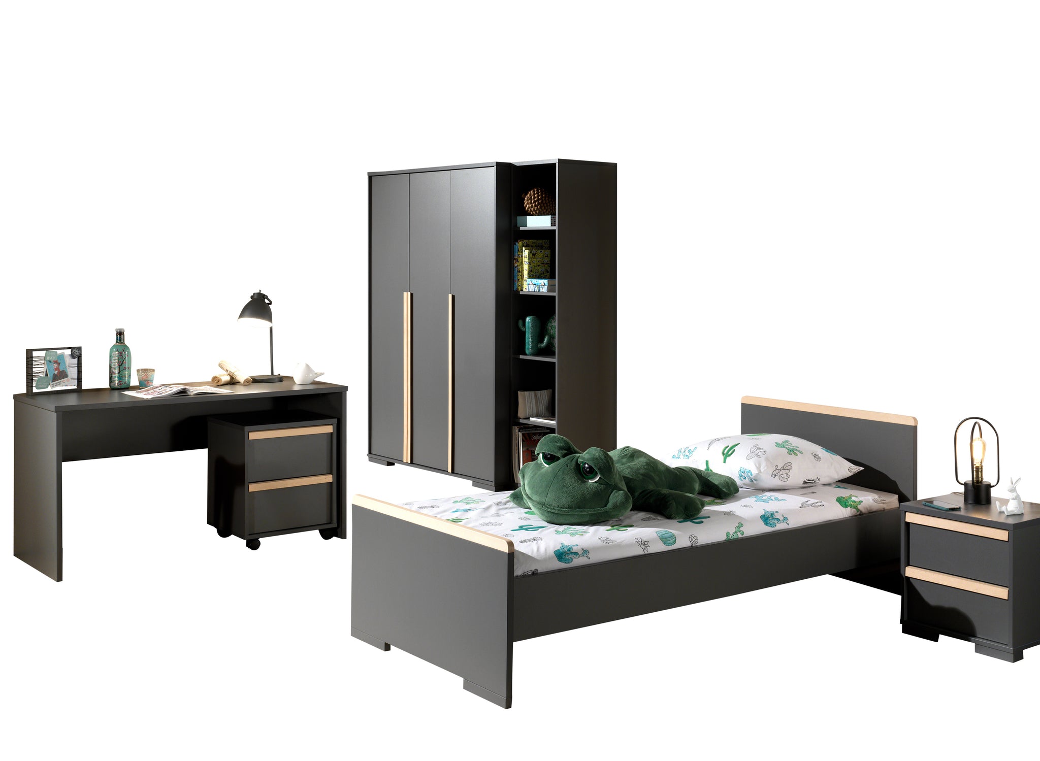 Deze LONDON combinatie in antraciet bestaat uit een bed (90x200) met nachtkastje, 3-deurs kleerkast, bureau met rolcontainer en boekenkast.