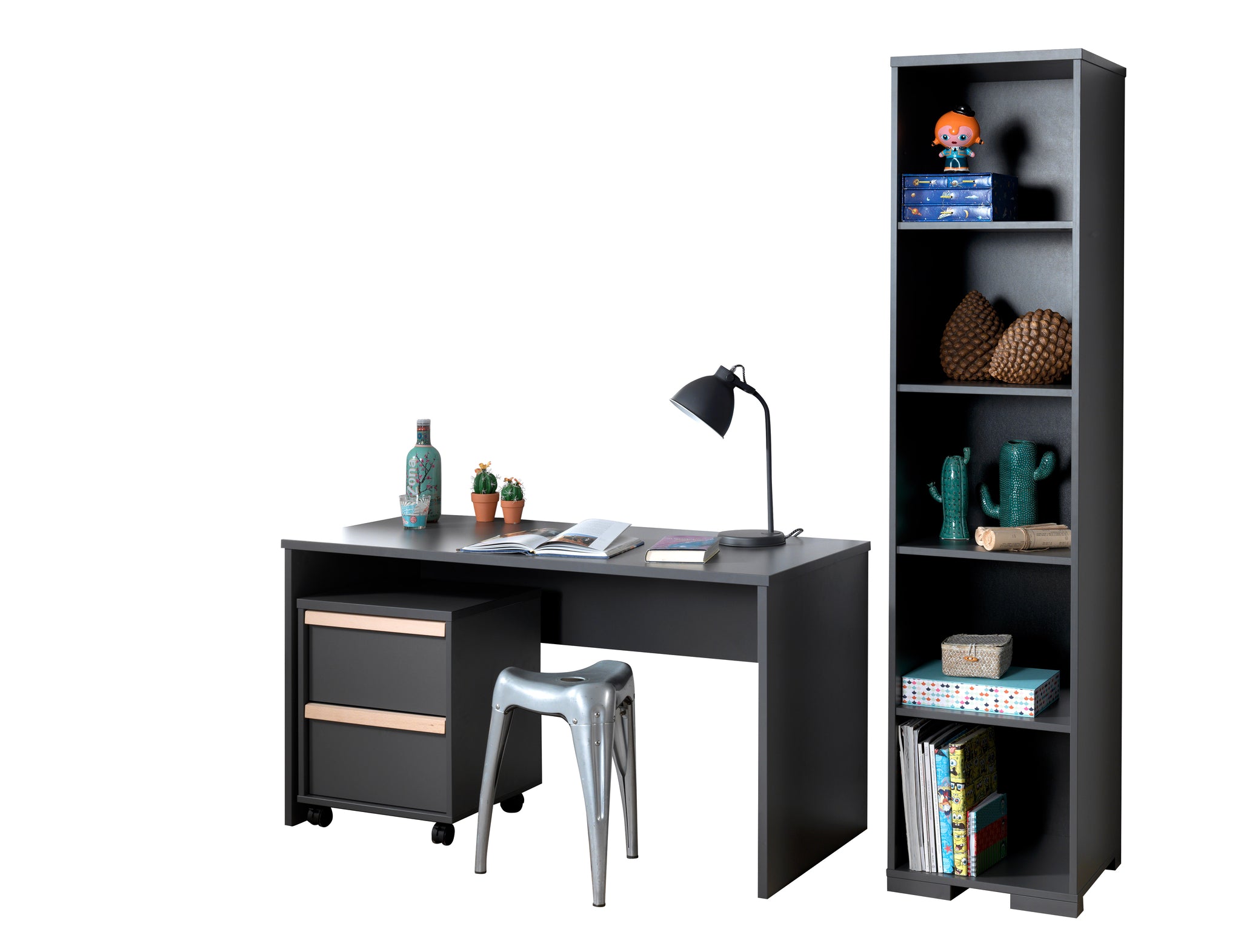 Cet ensemble LONDON anthracite se compose d'un bureau avec caisson mobile assorti et d'une bibliothèque.