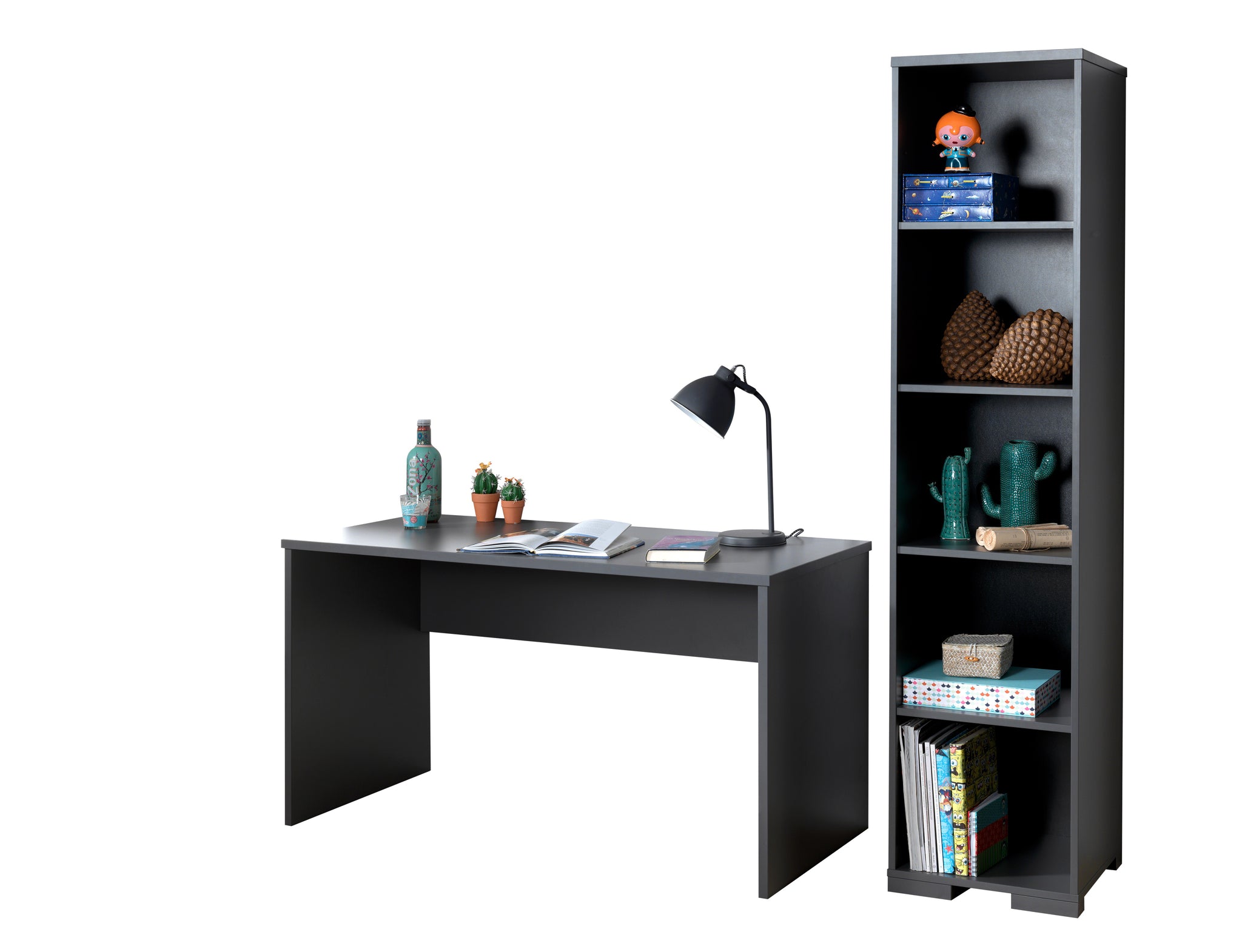 Deze LONDON combinatie in antraciet bestaat uit een bureau en boekenkast.