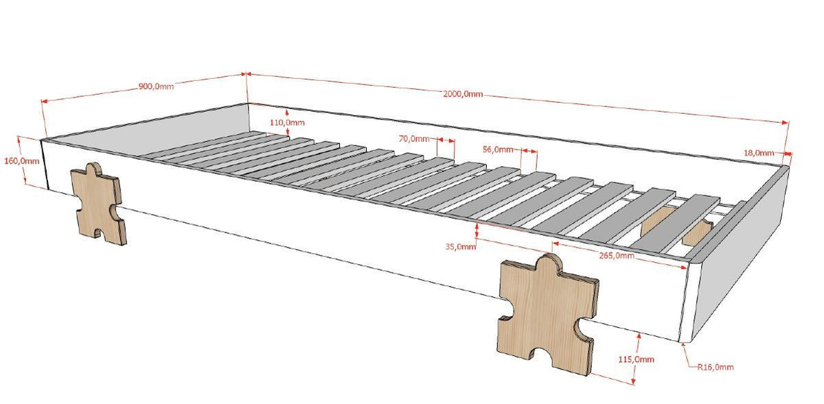 Vipack - Stapelbaar bed MODULO - Puzzelpoten - Grijs - 90x200 cm