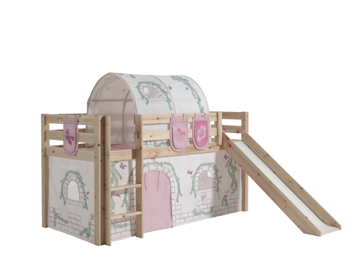 Vipack - Lit mezzanine PINO avec toboggan - Avec rideau de jeu, 3 pochettes et tunnel Birdy - Naturel - 90x200 cm
