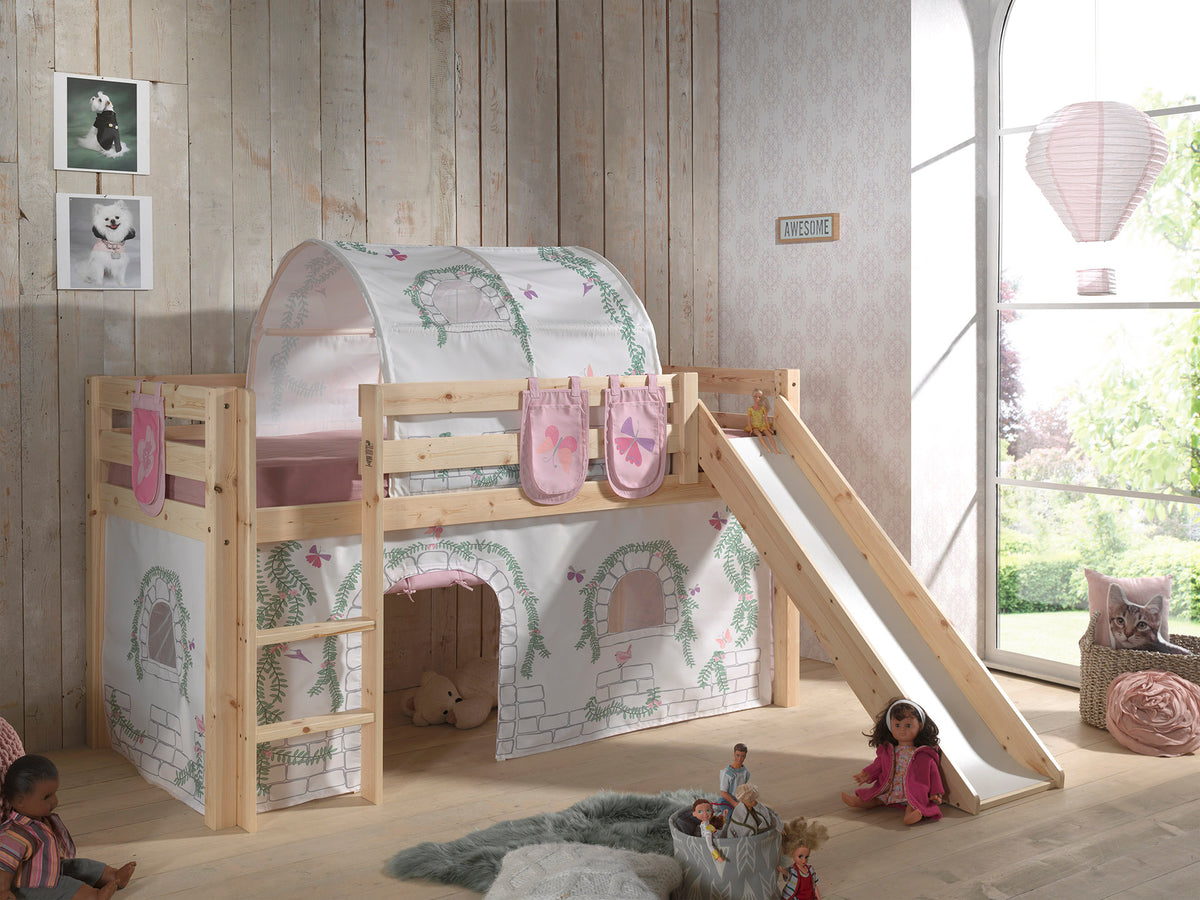Vipack - Lit mezzanine PINO avec toboggan - Avec rideau de jeu, 3 pochettes et tunnel Birdy - Naturel - 90x200 cm