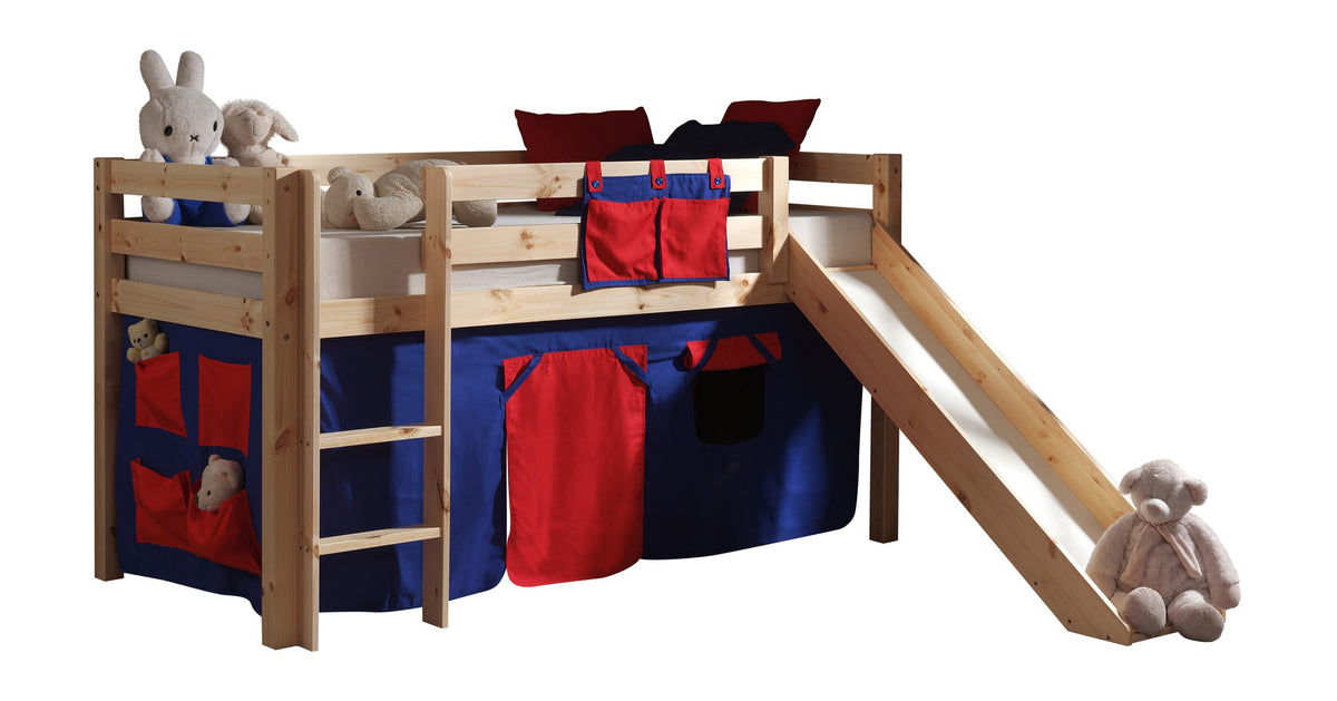 Vipack - Lit mezzanine PINO avec toboggan - Avec rideau de jeu Domino - Naturel - 90x200 cm