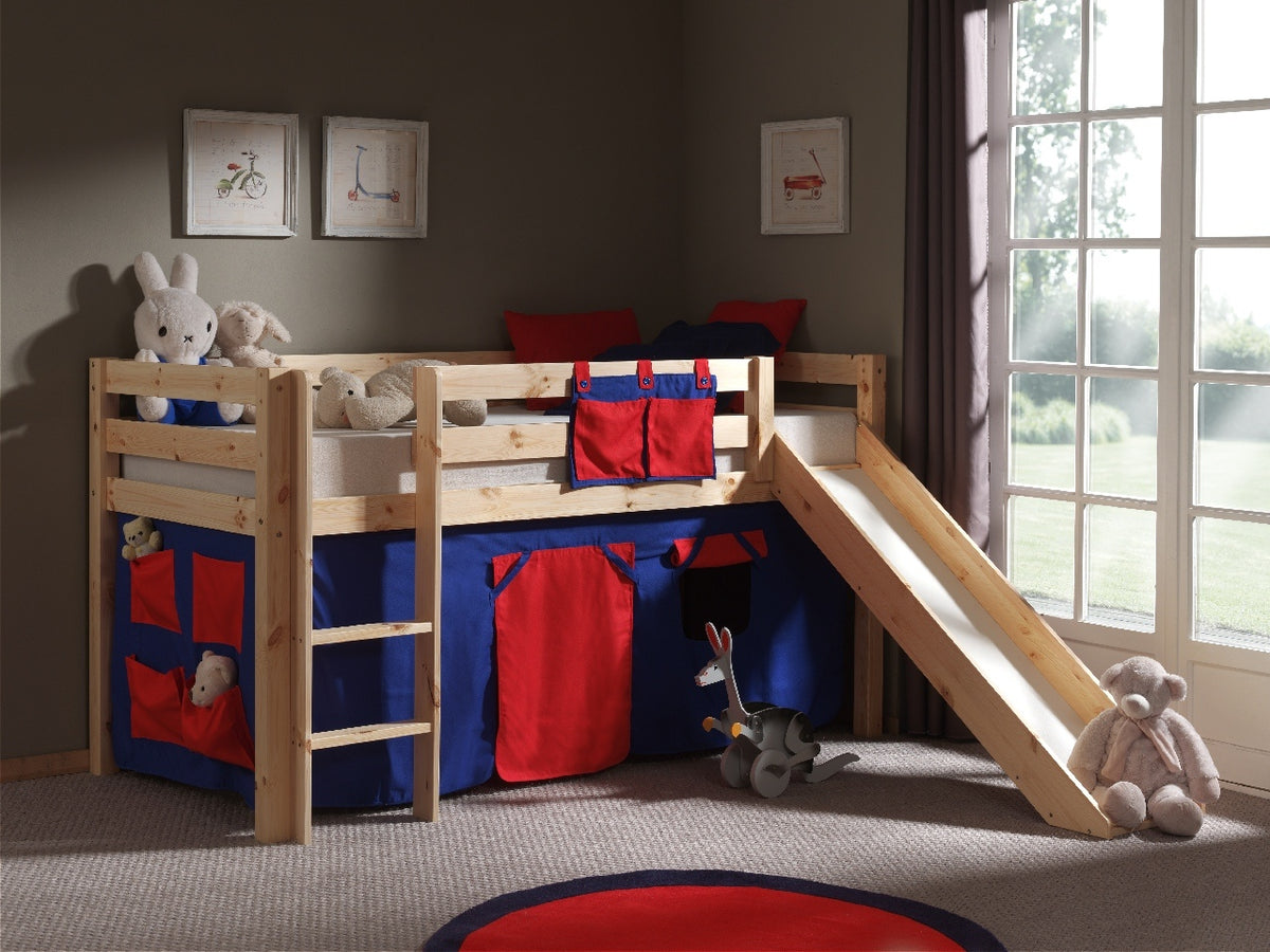 Vipack - Lit mezzanine PINO avec toboggan - Avec rideau de jeu Domino - Naturel - 90x200 cm