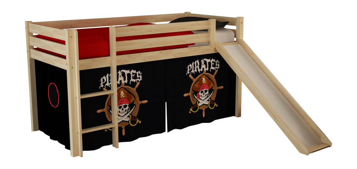 Vipack - Lit mezzanine PINO avec toboggan - Avec rideau de jeu Pirates - Naturel - 90x200 cm
