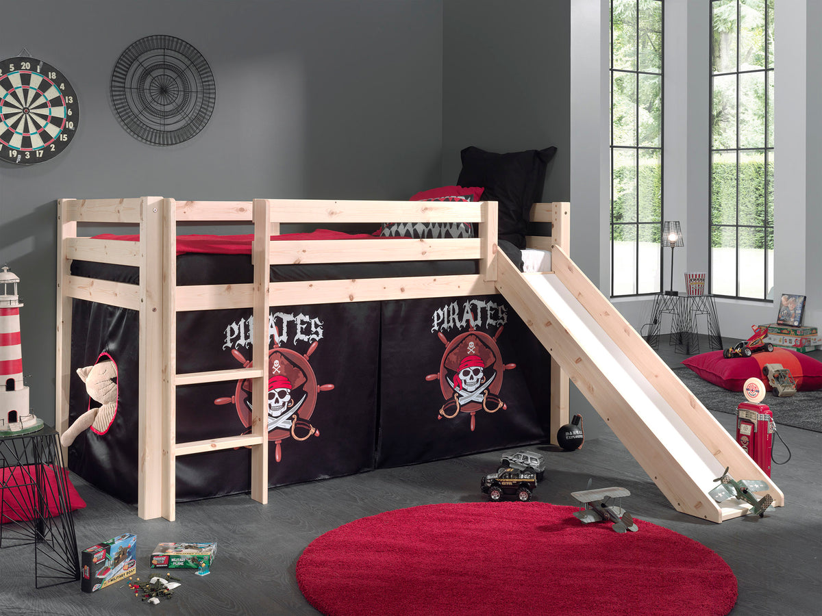 Vipack - Lit mezzanine PINO avec toboggan - Avec rideau de jeu Pirates - Naturel - 90x200 cm
