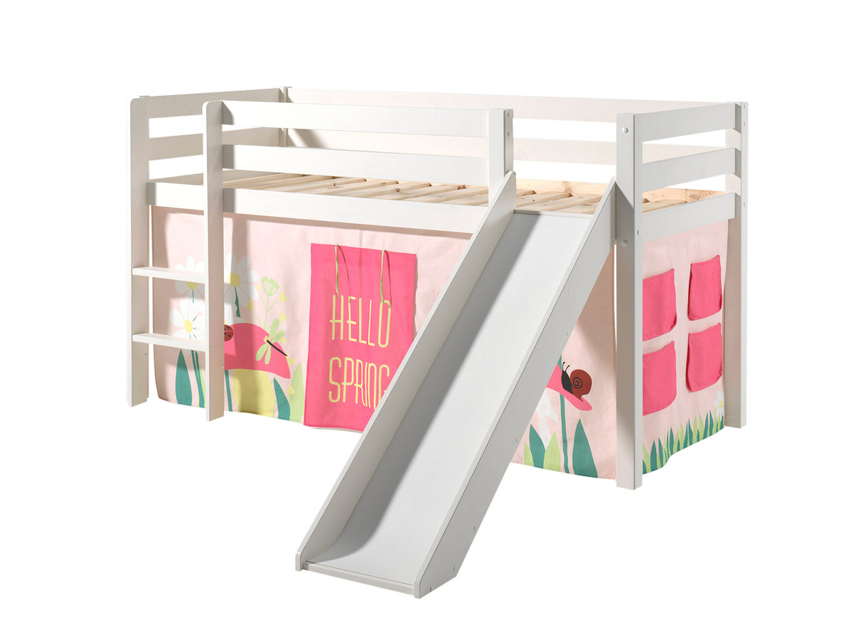 Vipack - Lit mezzanine PINO avec toboggan - Avec rideau de jeu Spring - Blanc - 90x200 cm