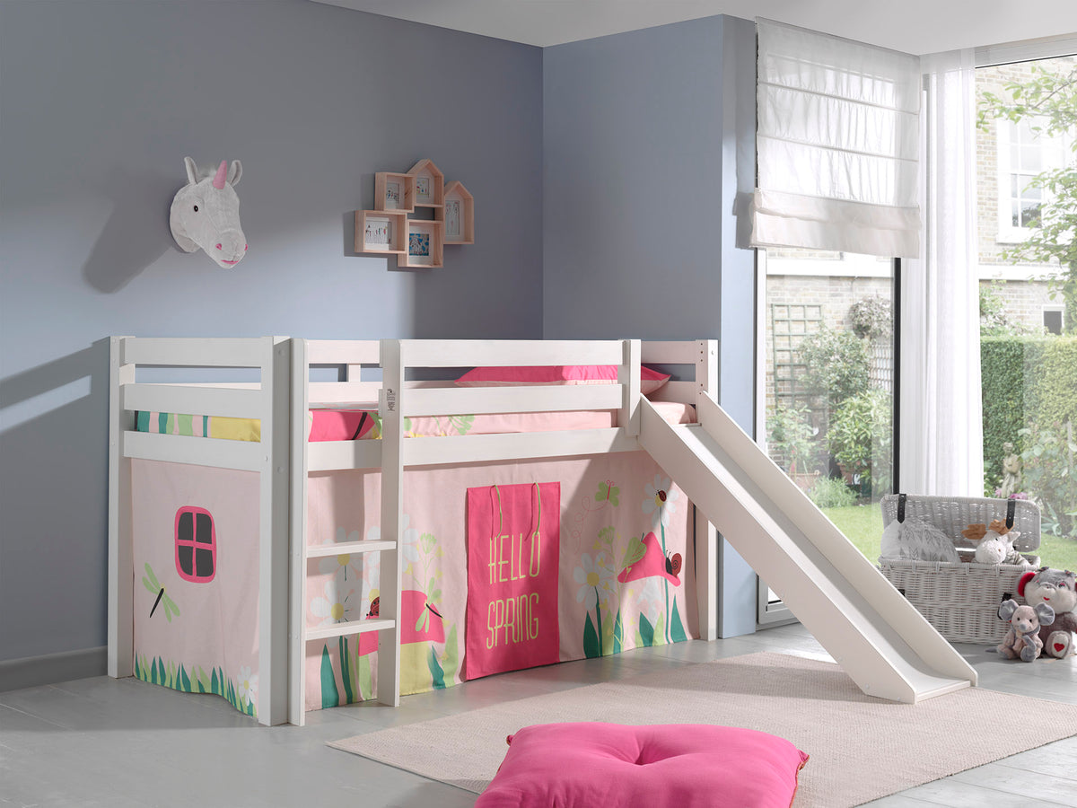 Vipack - Lit mezzanine PINO avec toboggan - Avec rideau de jeu Spring - Blanc - 90x200 cm