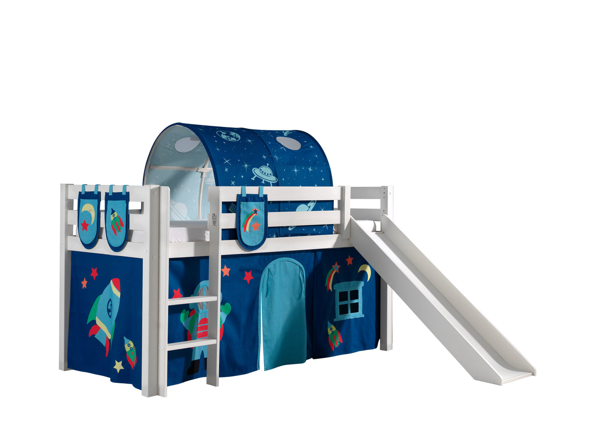 Vipack - Hoogslaper PINO met glijbaan - Met speelgordijn, 3 zakjes en tunnel Astro - Wit - 90x200 cm