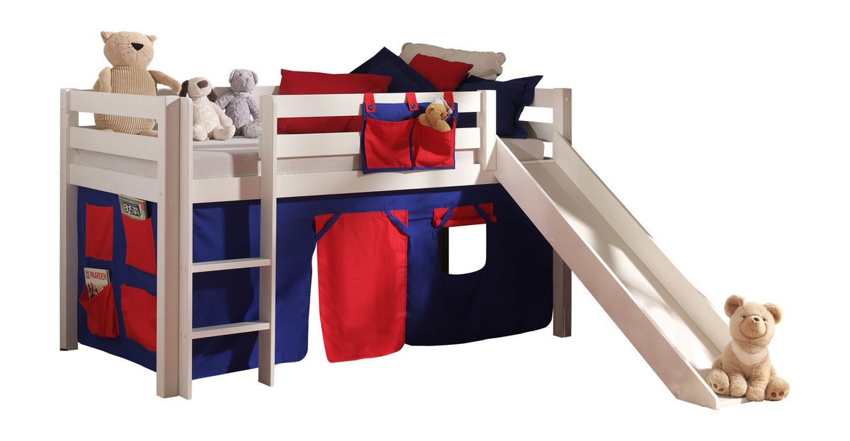 Vipack - Hoogslaper PINO met glijbaan - Met speelgordijn Domino - Wit - 90x200 cm