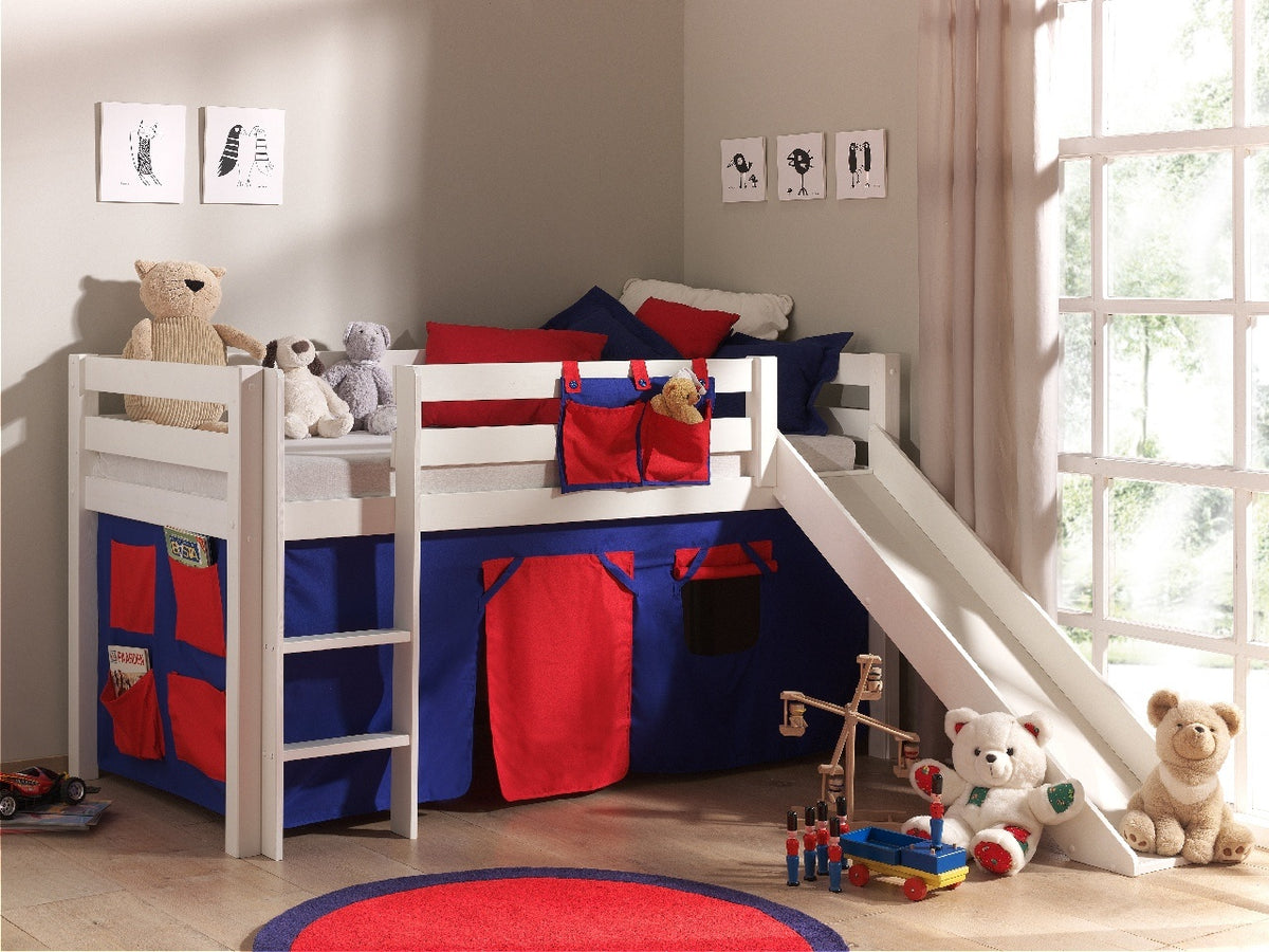 Vipack - Hoogslaper PINO met glijbaan - Met speelgordijn Domino - Wit - 90x200 cm