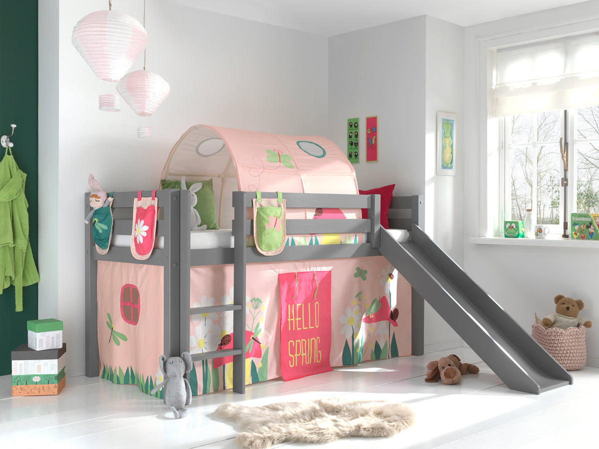 Vipack - Hoogslaper PINO met glijbaan - Met speelgordijn, 3 zakjes en tunnel Spring - Grijs - 90x200 cm