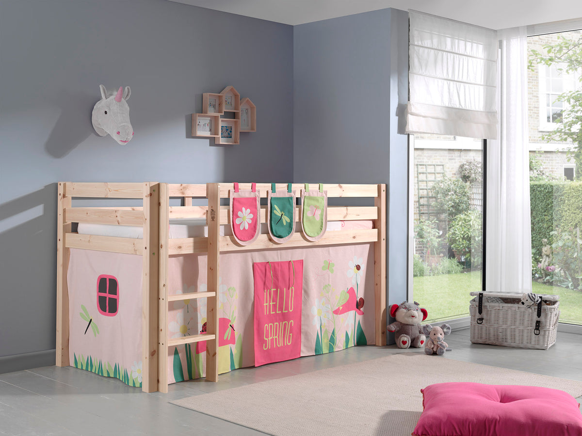 Vipack - Hoogslaper PINO - Met speelgordijn en 3 zakjes Spring - Naturel - 90x200 cm