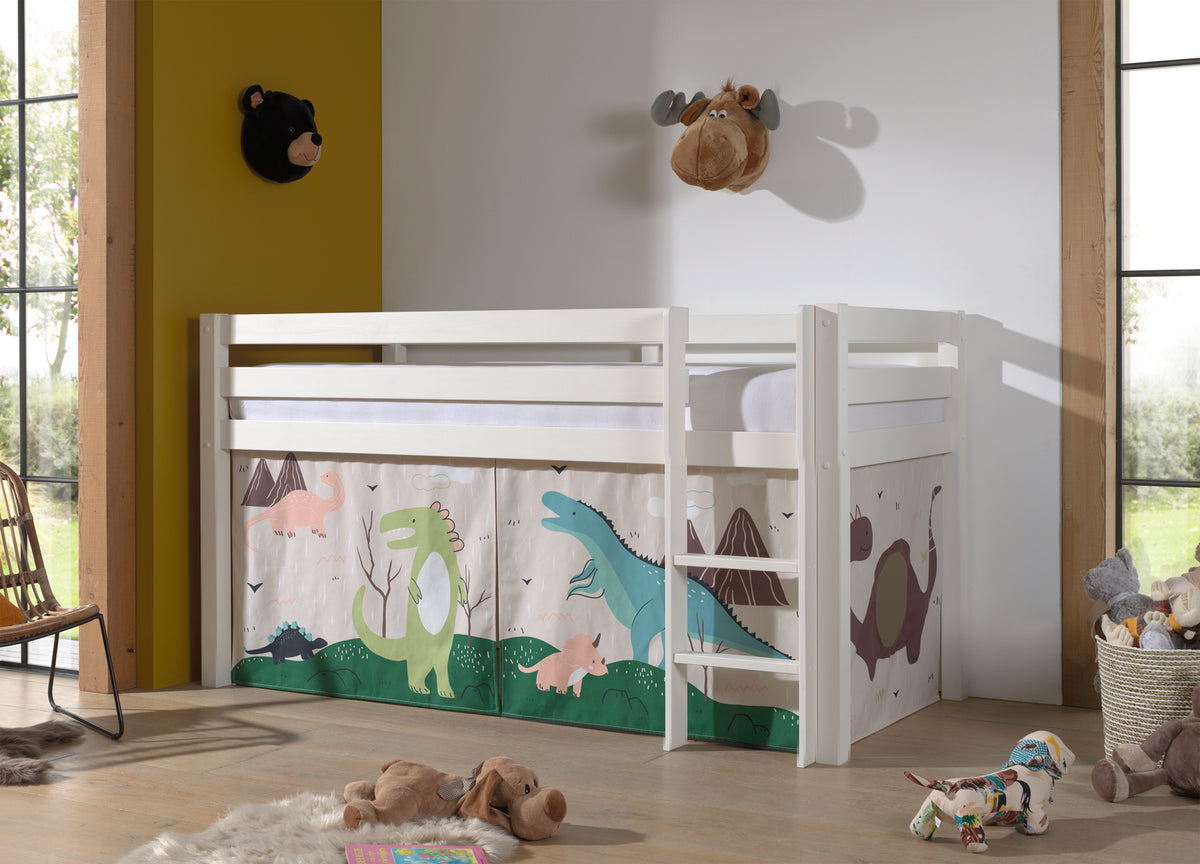 Vipack - Hoogslaper PINO - Met speelgordijn Dino - Wit - 90x200 cm