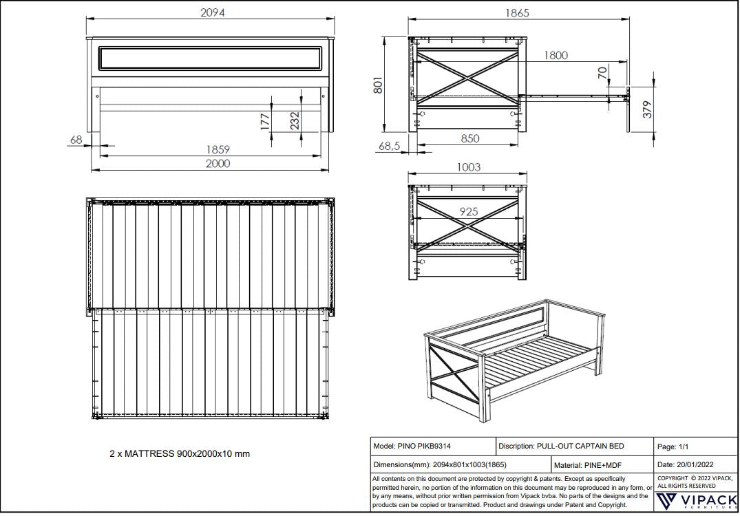 Wit PINO uitschuifbaar kajuitbed met lade