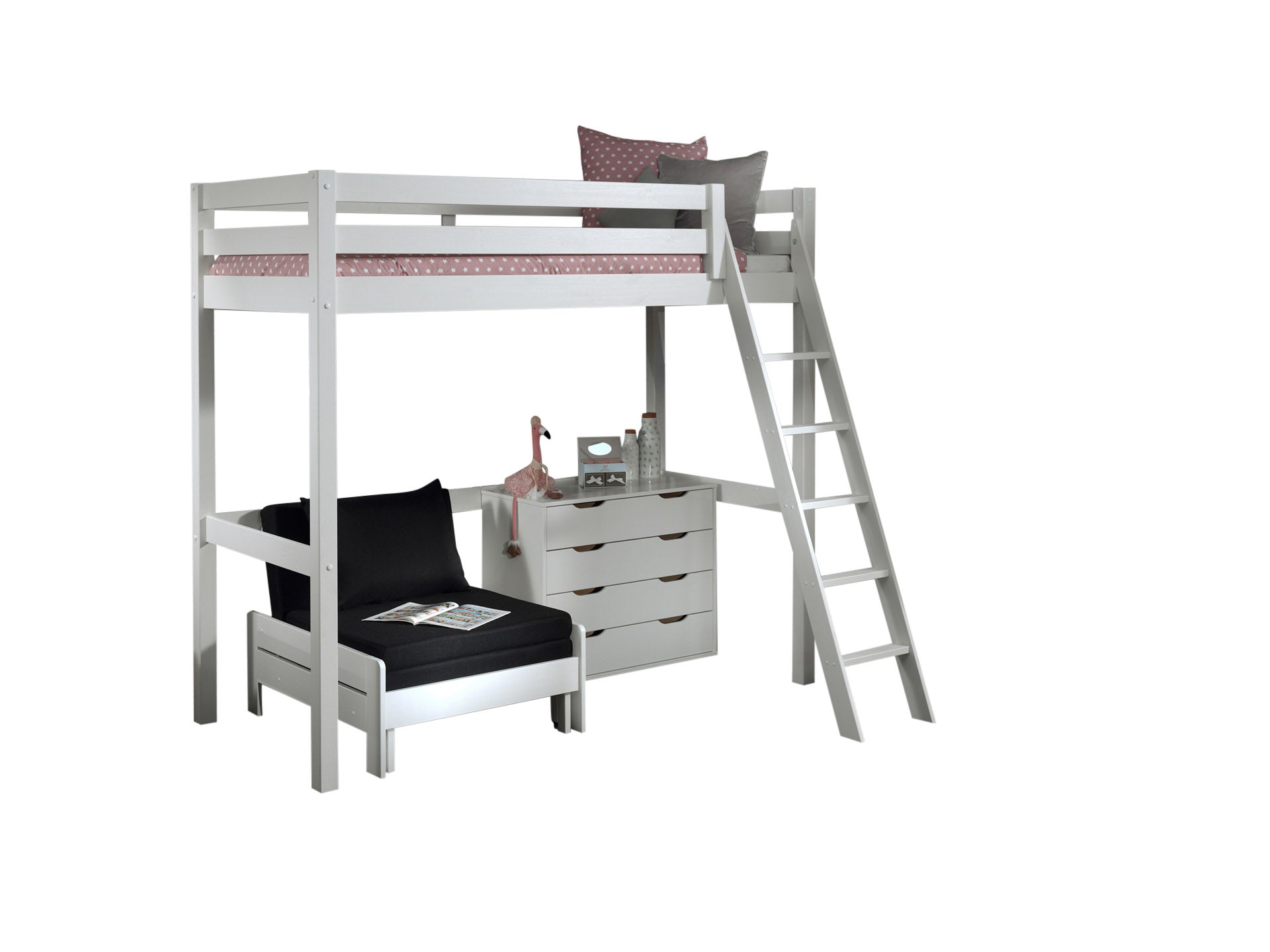 Deze PINO-combinatie bestaat uit een witte PINO mezzanine (90x200cm), een PINO kommode met 4 laden en een PINO zetelbed