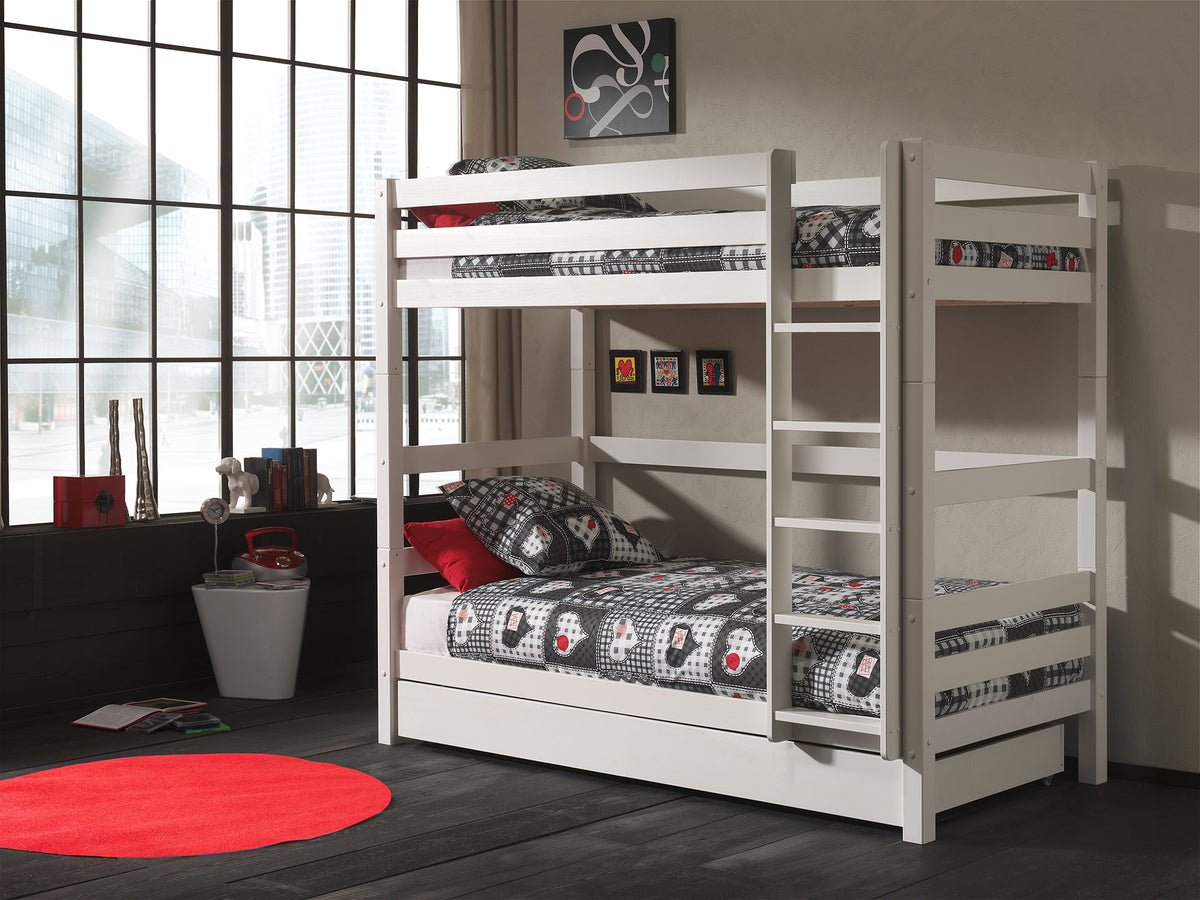 Deze PINO-combinatie bestaat uit een wit PINO-stapelbed en een wit PINO-rolbed 90x195 cm