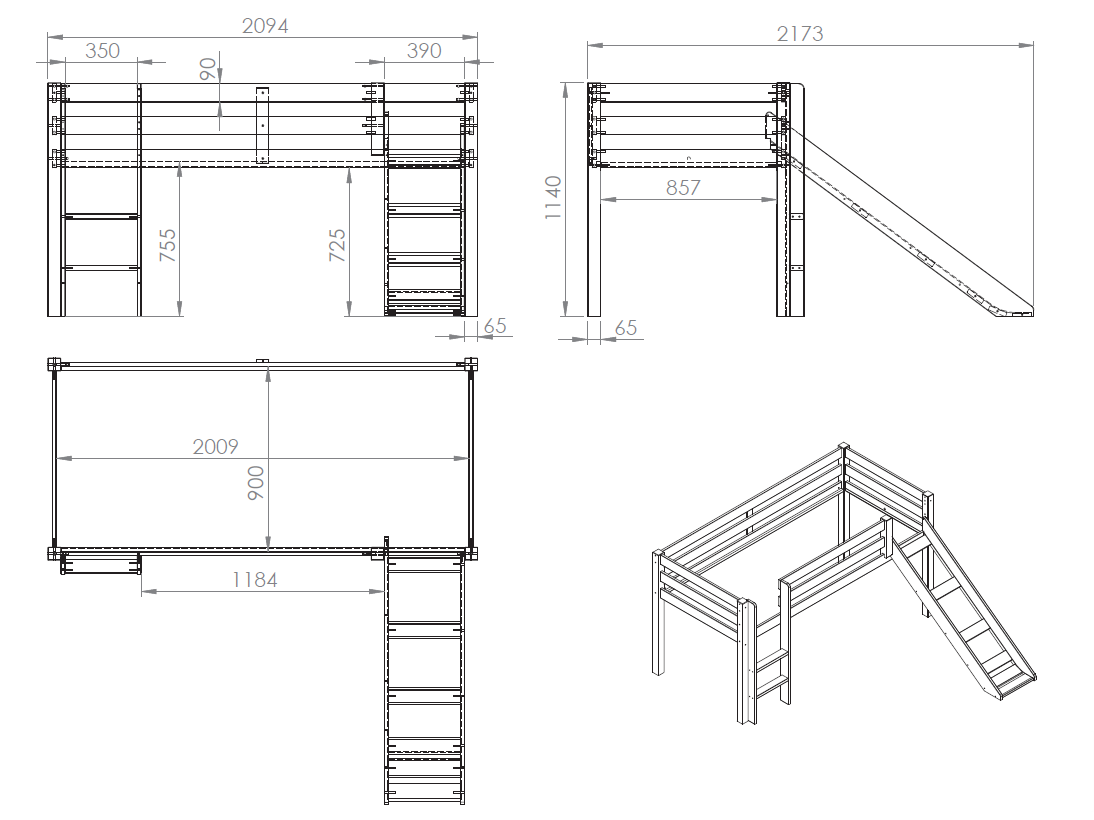 Vipack - Glijbaanbed PINO - Grijs - 90x200 cm