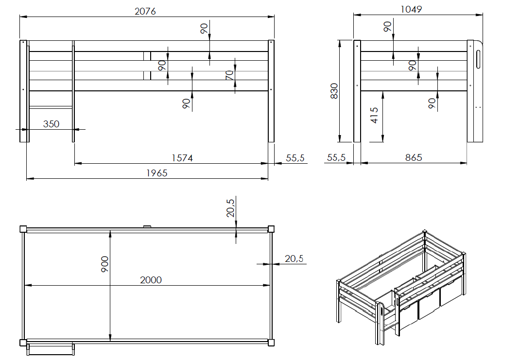 Vipack - Halfhoogslaper PINO - Wit - 90x200 cm
