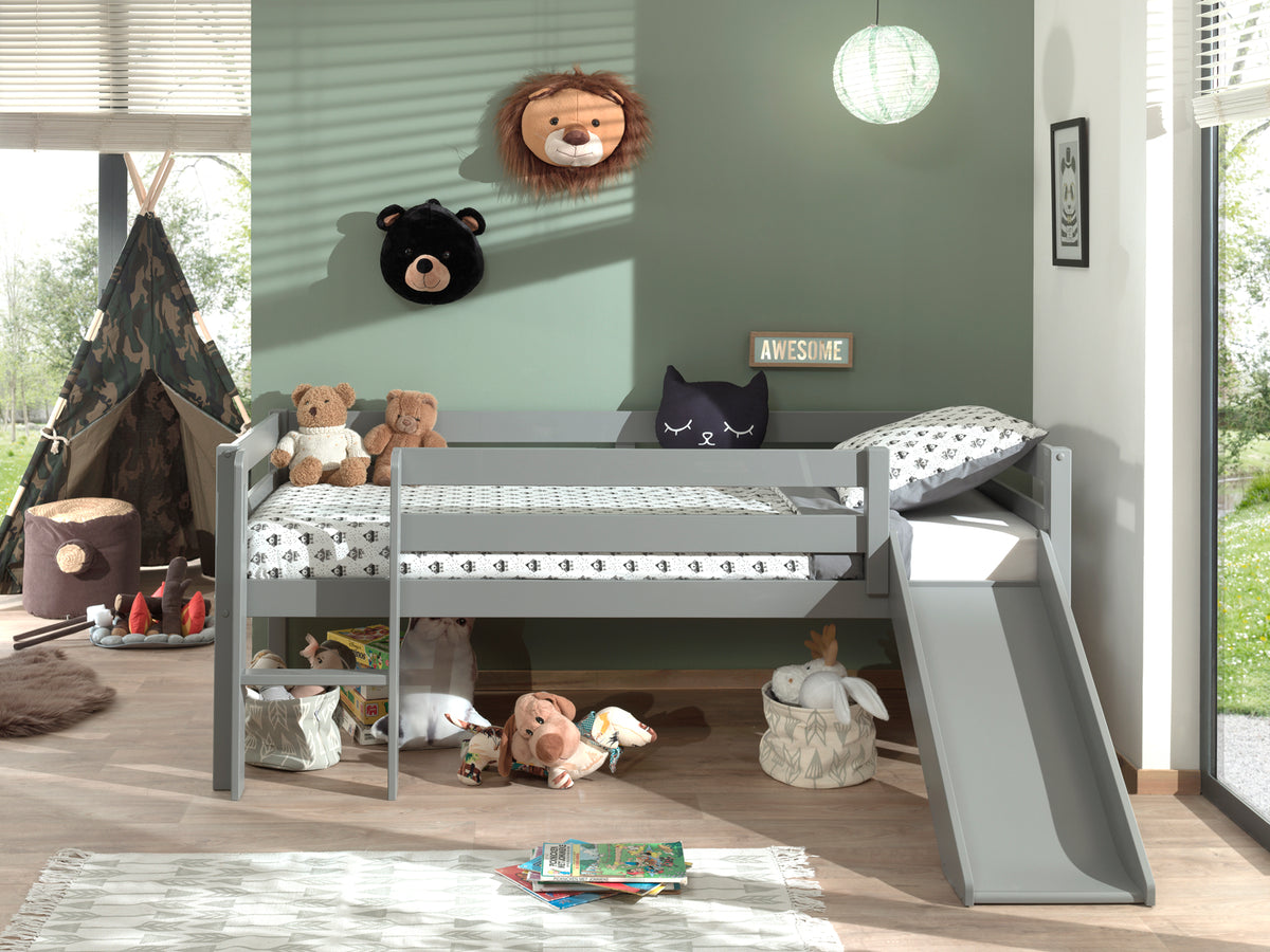 Vipack - Halfhoogslaper PINO - Met ladder en glijbaan - Grijs - 90x200 cm