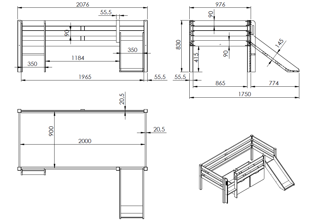 Vipack - Halfhoogslaper PINO - Met glijbaan - Wit - 90x200 cm