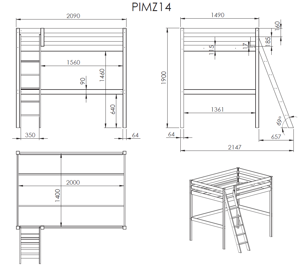 Vipack - Mezzanine PINO - Wit - 140x200 cm