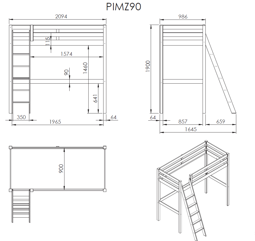 PINO MEZZANINE 90x200 cm wit *