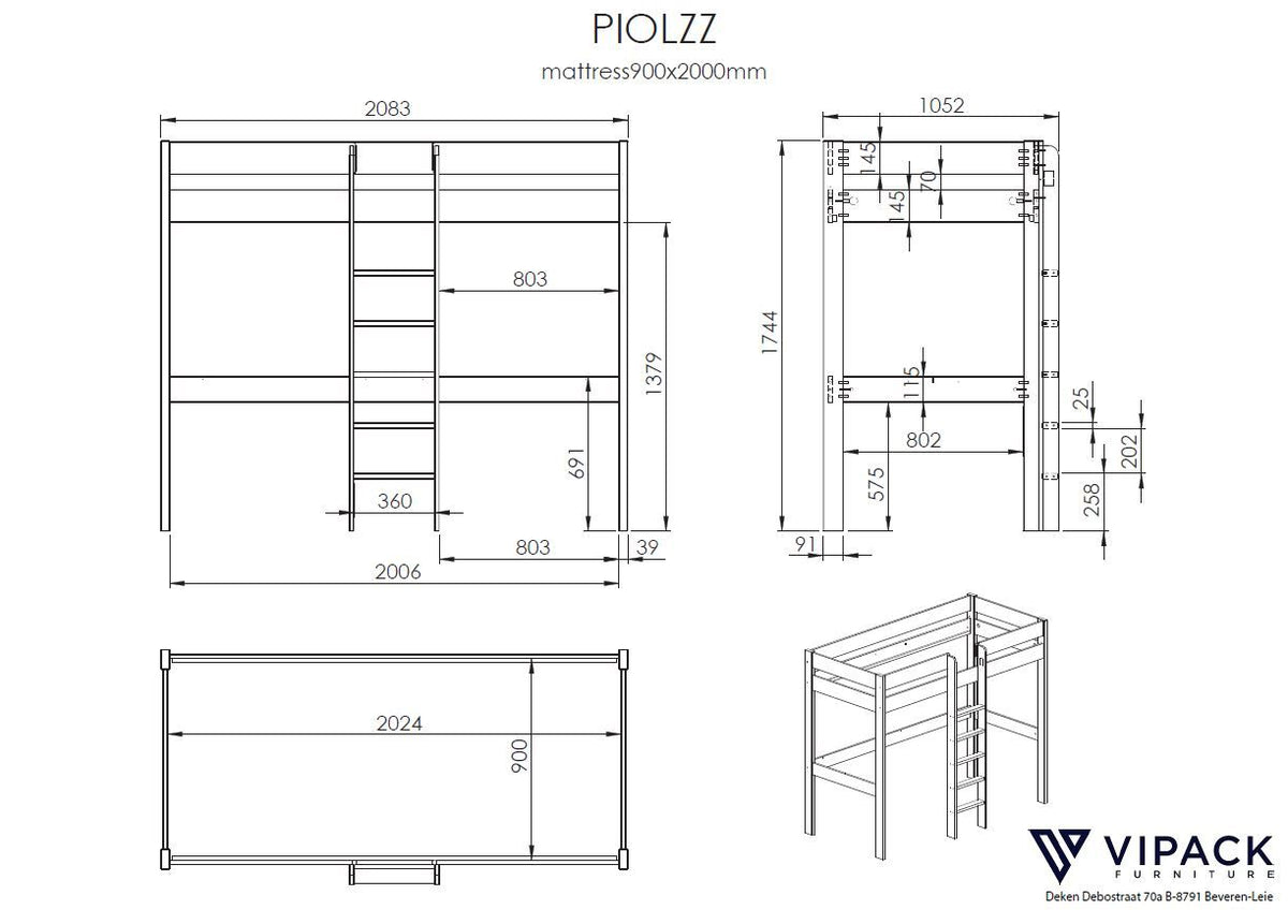 Vipack - Hoogslaper PINO - Zonder zetelbed - Wit - 90x200 cm