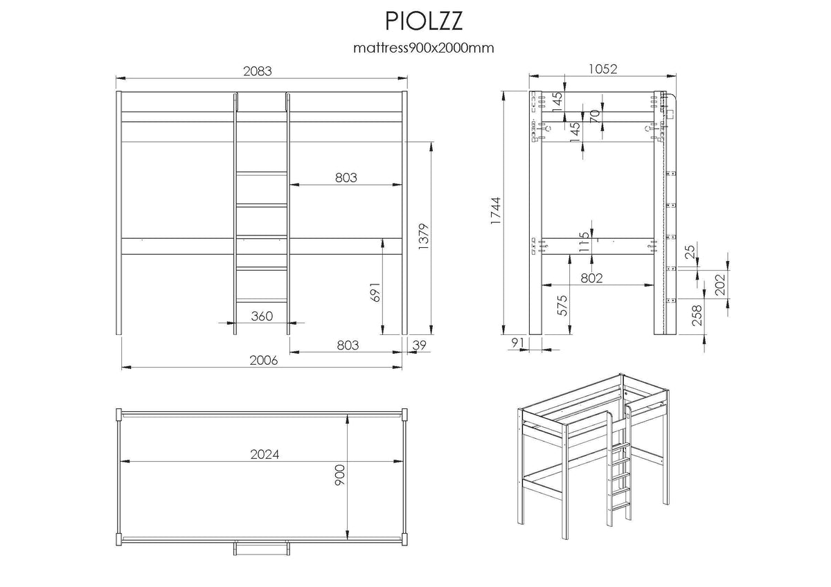 Vipack - Lit mezzanine PINO - Gris - 90x200 cm