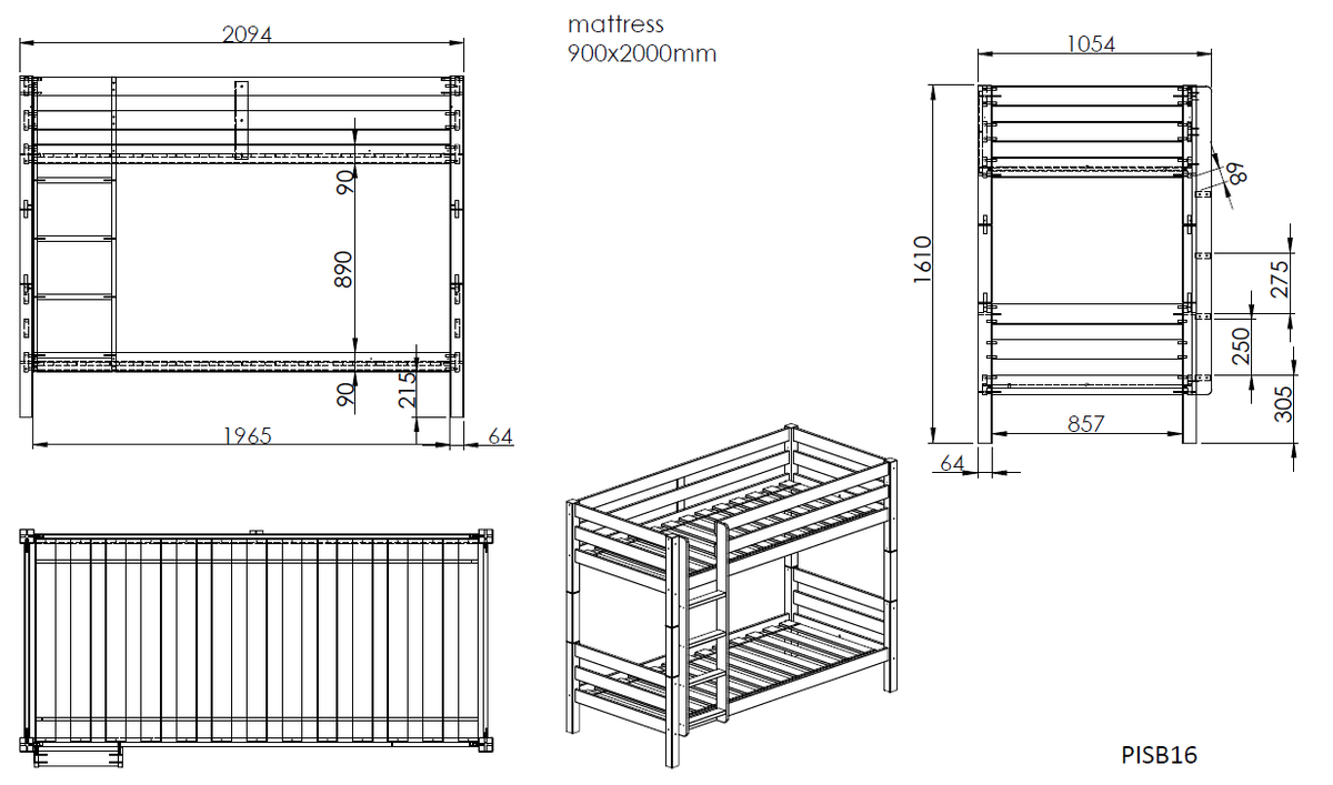 Vipack - Stapelbed PINO - H160 cm - Naturel - 90x200 cm