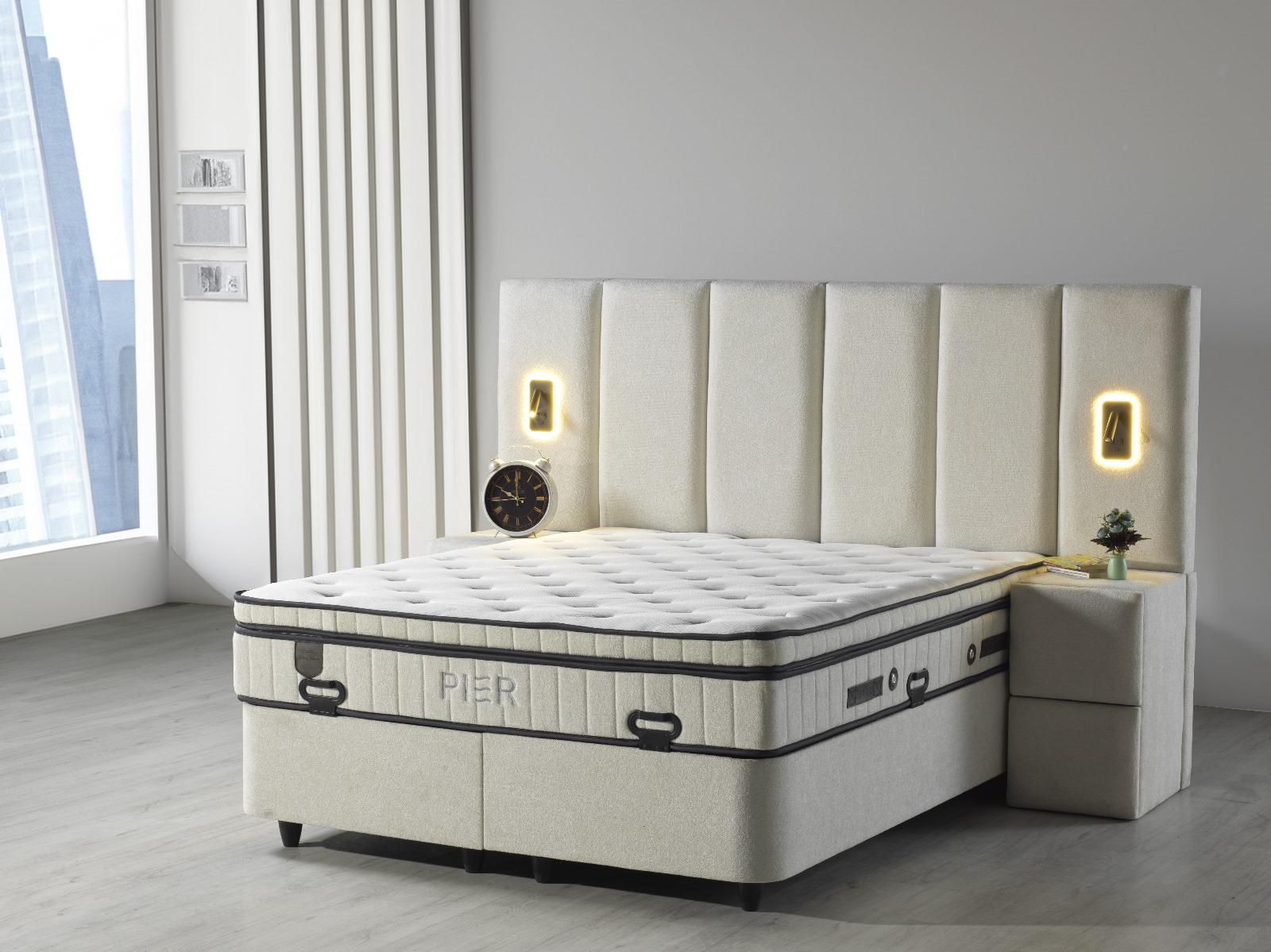 2BM - Sommier Pierre - Éclairage LED - 2 tables de chevet - 160x200cm