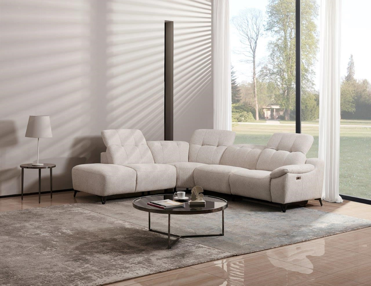 2BM – Hoeksalon Pierre – Ecru Stof – Elektrische Relax – Links