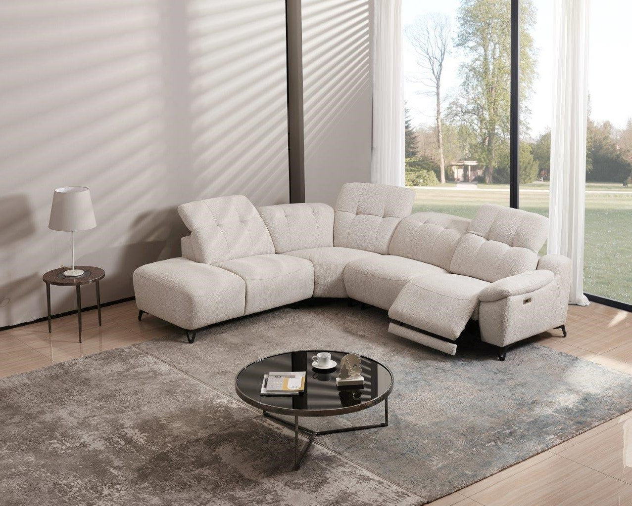 2BM – Hoeksalon Pierre – Ecru Stof – Elektrische Relax – Rechts