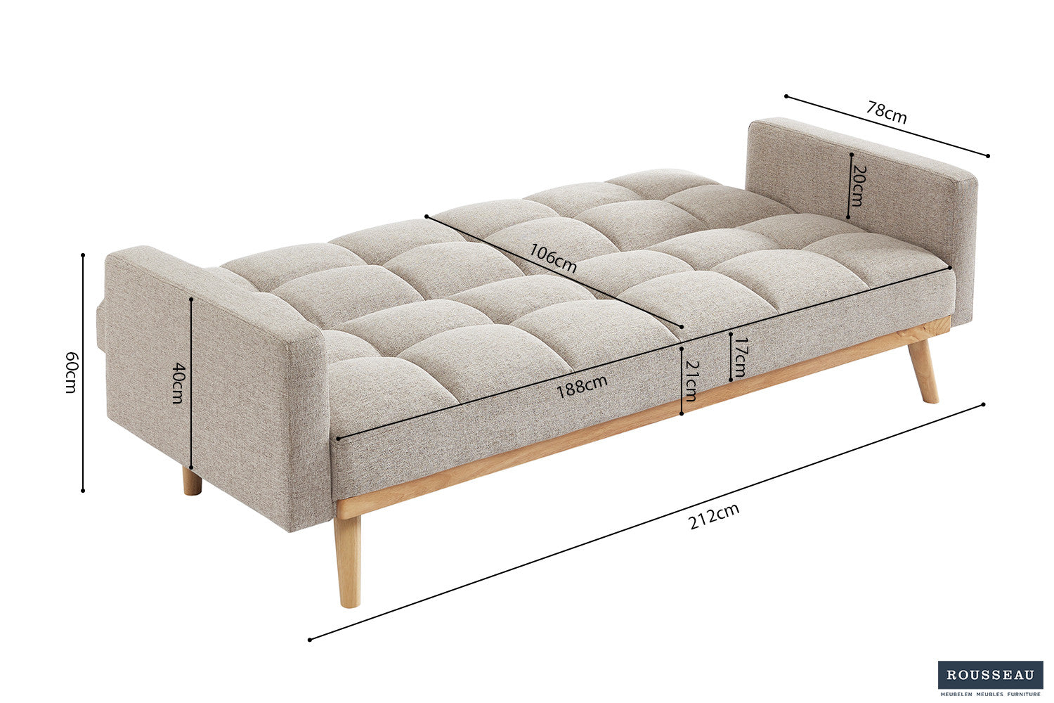 Rousseau - Canapé-lit Adana - Tissu beige – 214 x 84 cm