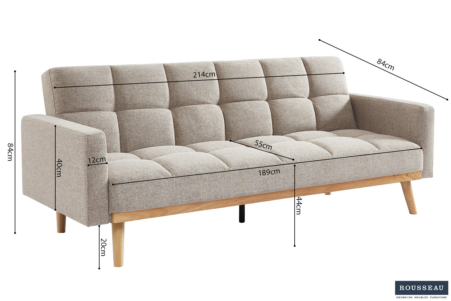 Rousseau - Canapé-lit Adana - Tissu beige – 214 x 84 cm