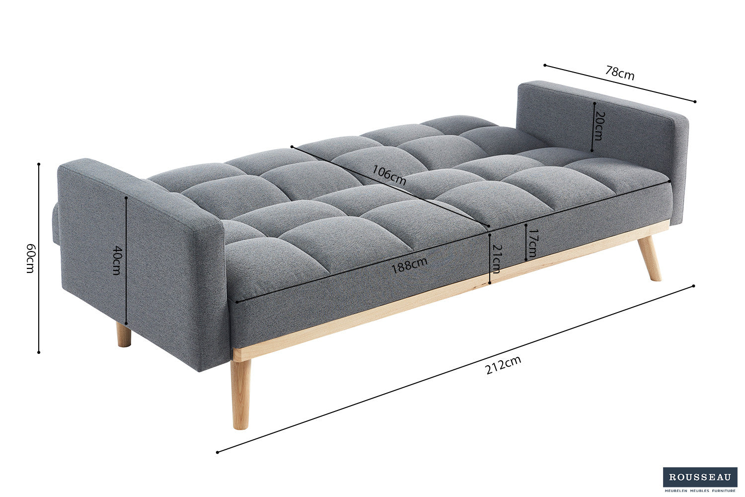 Rousseau - Canapé-lit Adana - Tissu gris foncé – 214 x 84 cm