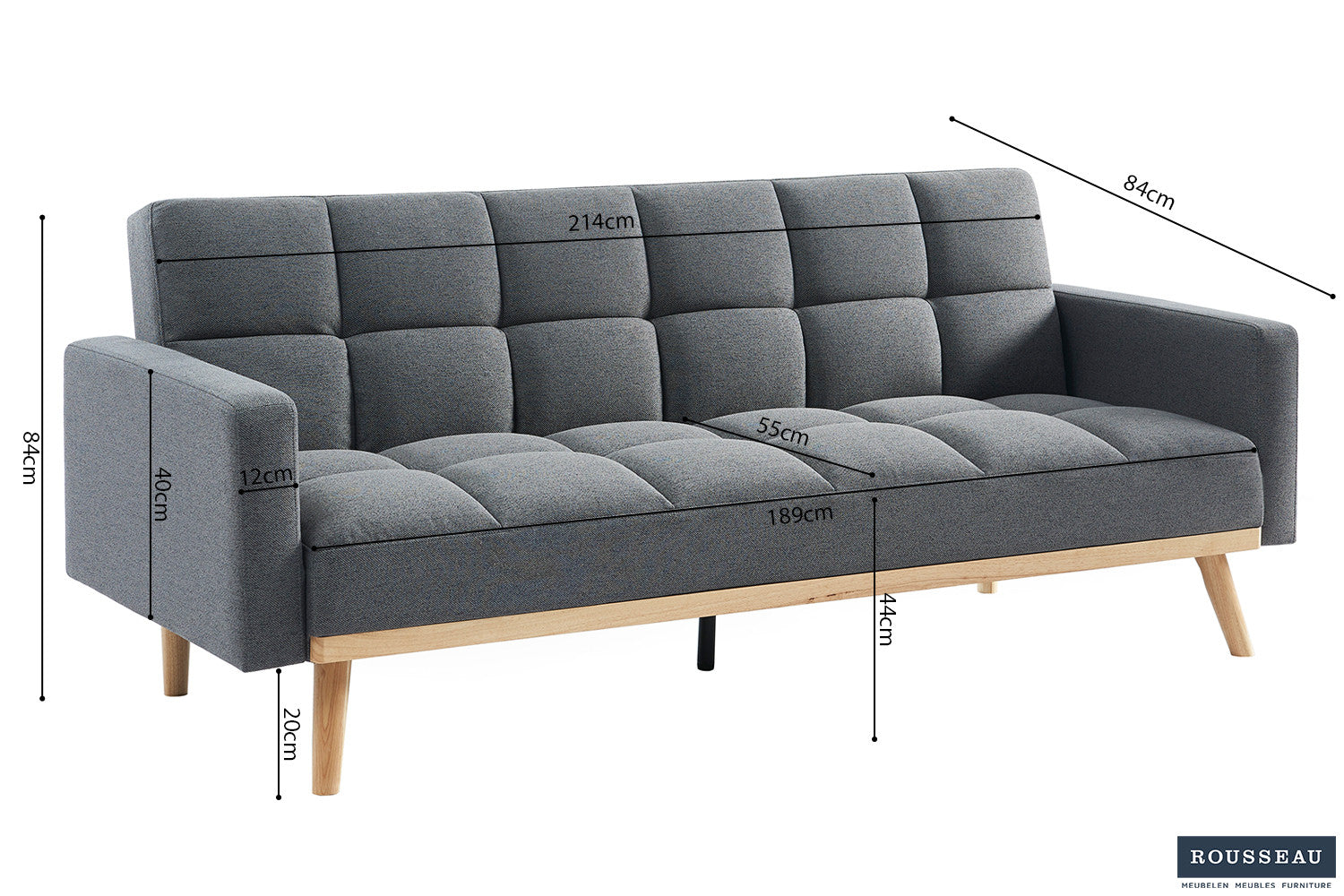 Rousseau - Canapé-lit Adana - Tissu gris foncé – 214 x 84 cm