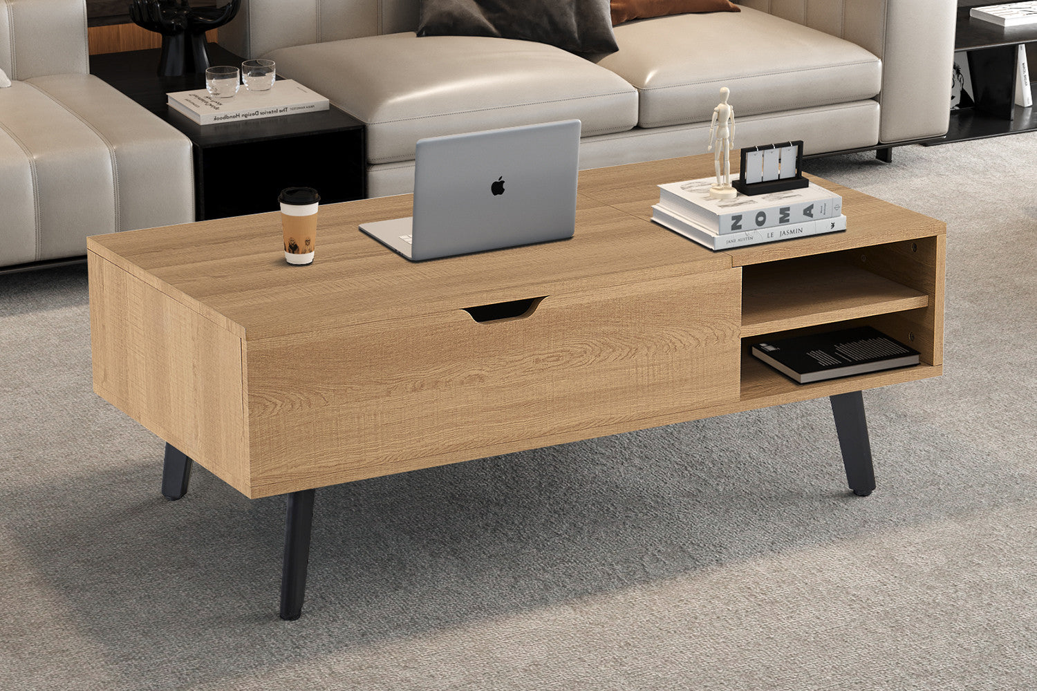 Rousseau - Salontafel Justine -Opklapbare top Decor Eik Naturel - 45/62x120x60 cm