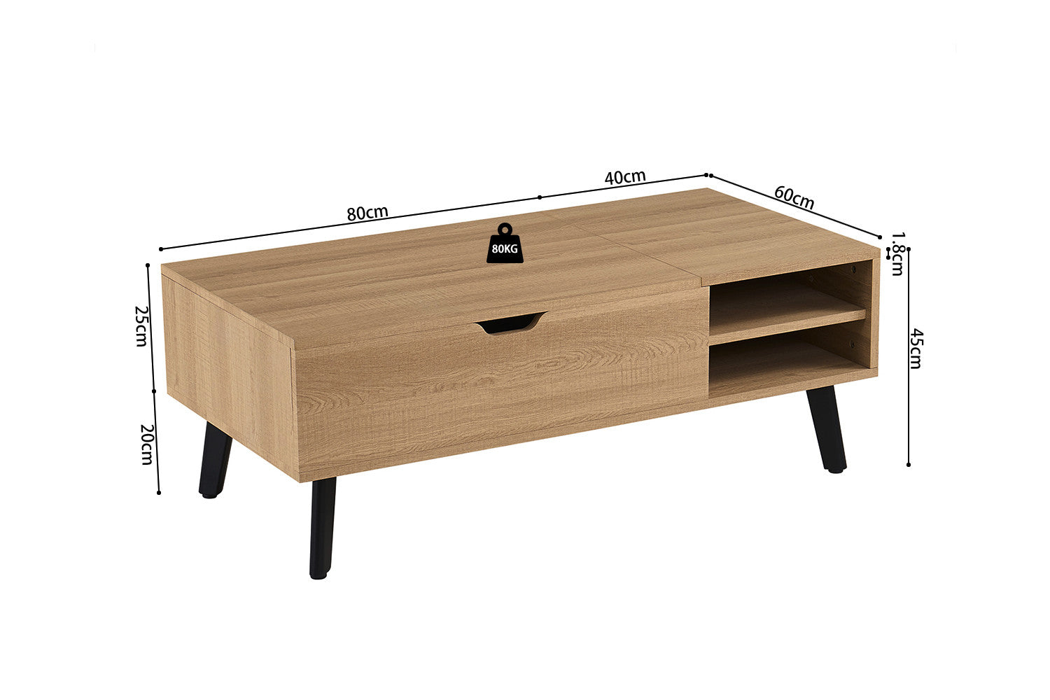 Rousseau - Salontafel Justine -Opklapbare top Decor Eik Naturel - 45/62x120x60 cm