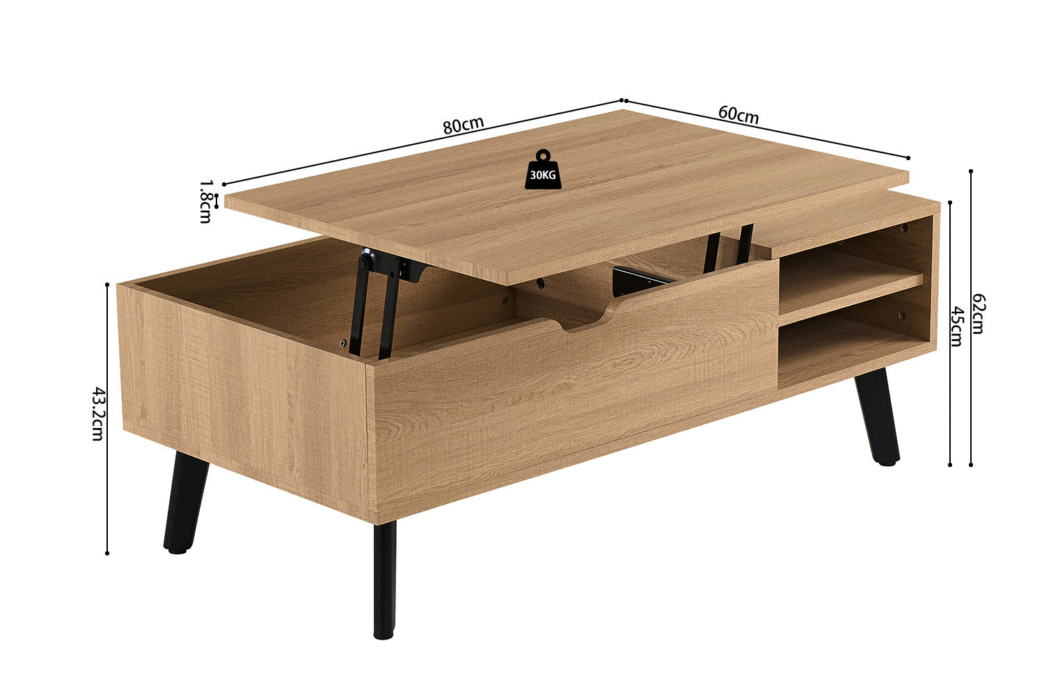 Rousseau - Salontafel Justine -Opklapbare top Decor Eik Naturel - 45/62x120x60 cm