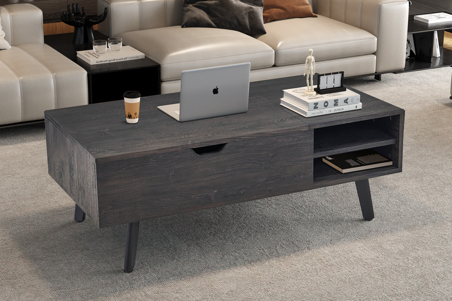 Rousseau - Salontafel Justine - Opklapbare top Decor Donkerbruin - 45/62x120x60 cm