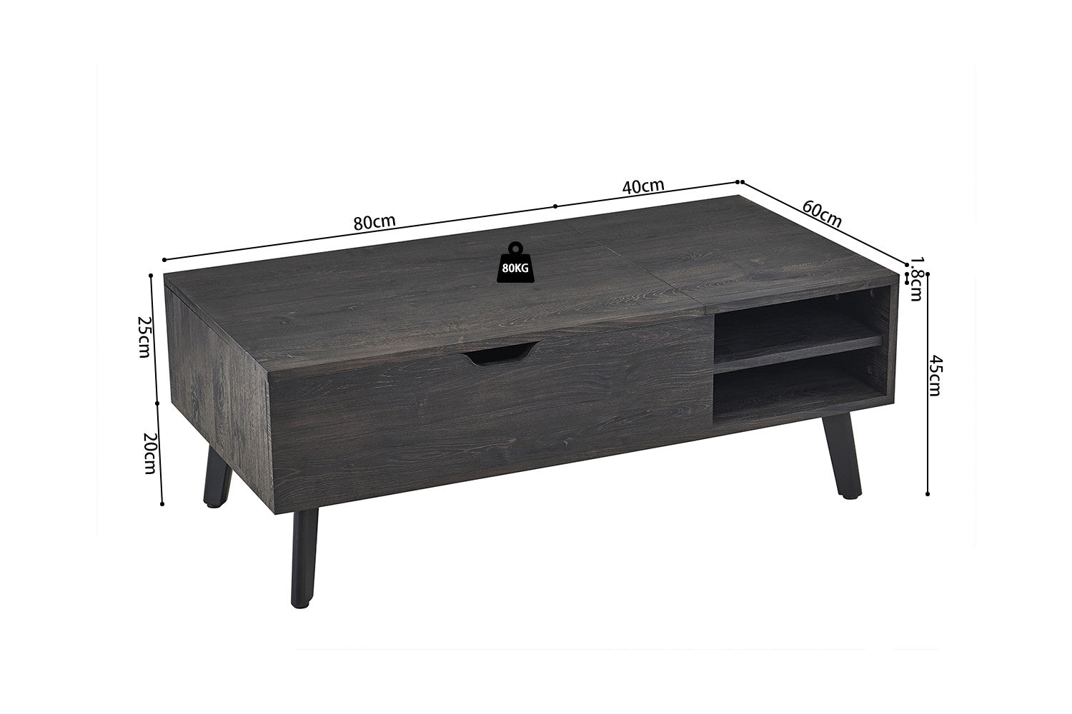Rousseau - Salontafel Justine - Opklapbare top Decor Donkerbruin - 45/62x120x60 cm