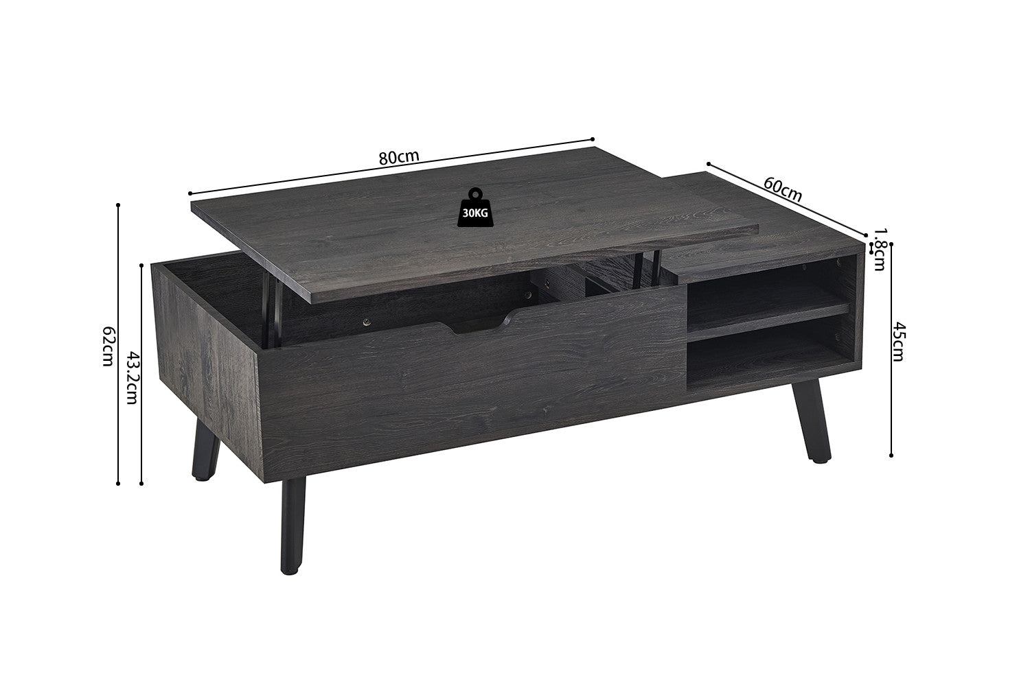 Rousseau - Salontafel Justine - Opklapbare top Decor Donkerbruin - 45/62x120x60 cm